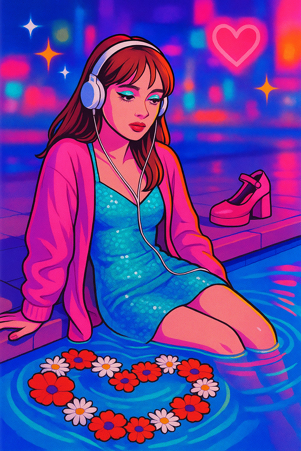 Floating flowers and stage-light shimmer evoking Taylor Swift’s Ophelia imagery